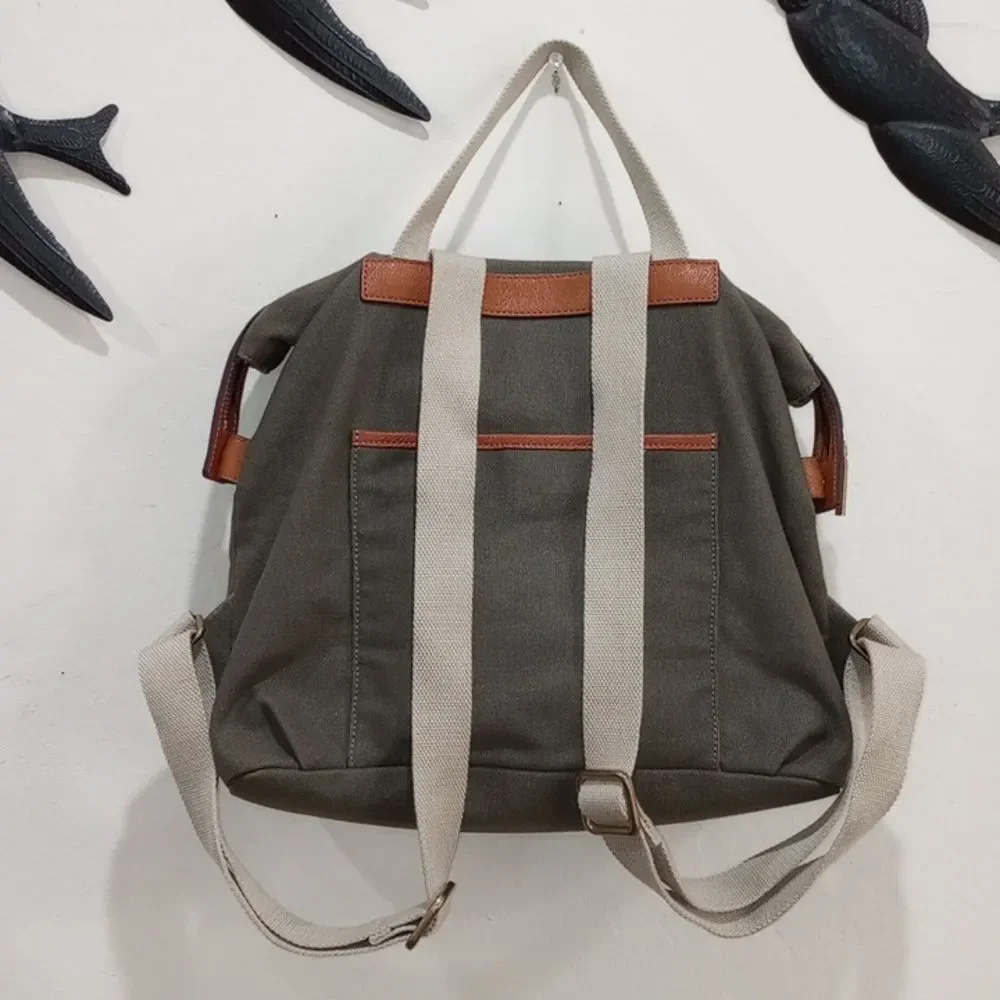G.I.L.I. Leather Trim Canvas Backpack Olive Stripe Zip Top Adjustable Straps